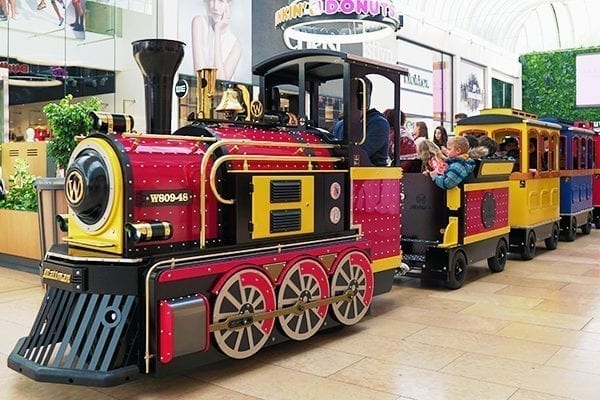 Battery powered trackless train in a shopping mall
