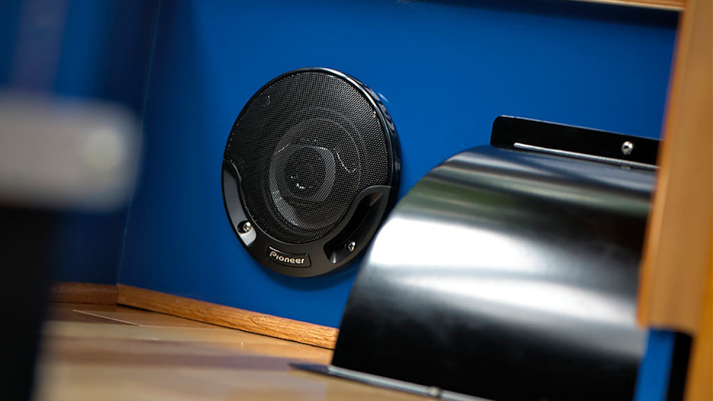 Wattman passenger wagon with onboard audio system and speakers providing music, safety messages, and announcements