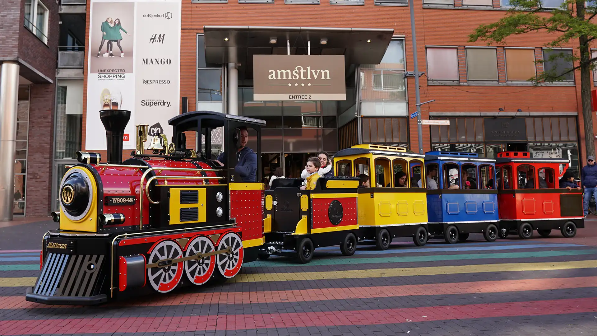 Wattman Mini Express electric trackless train at Stadshart Amstelveen shopping centre in the Netherlands